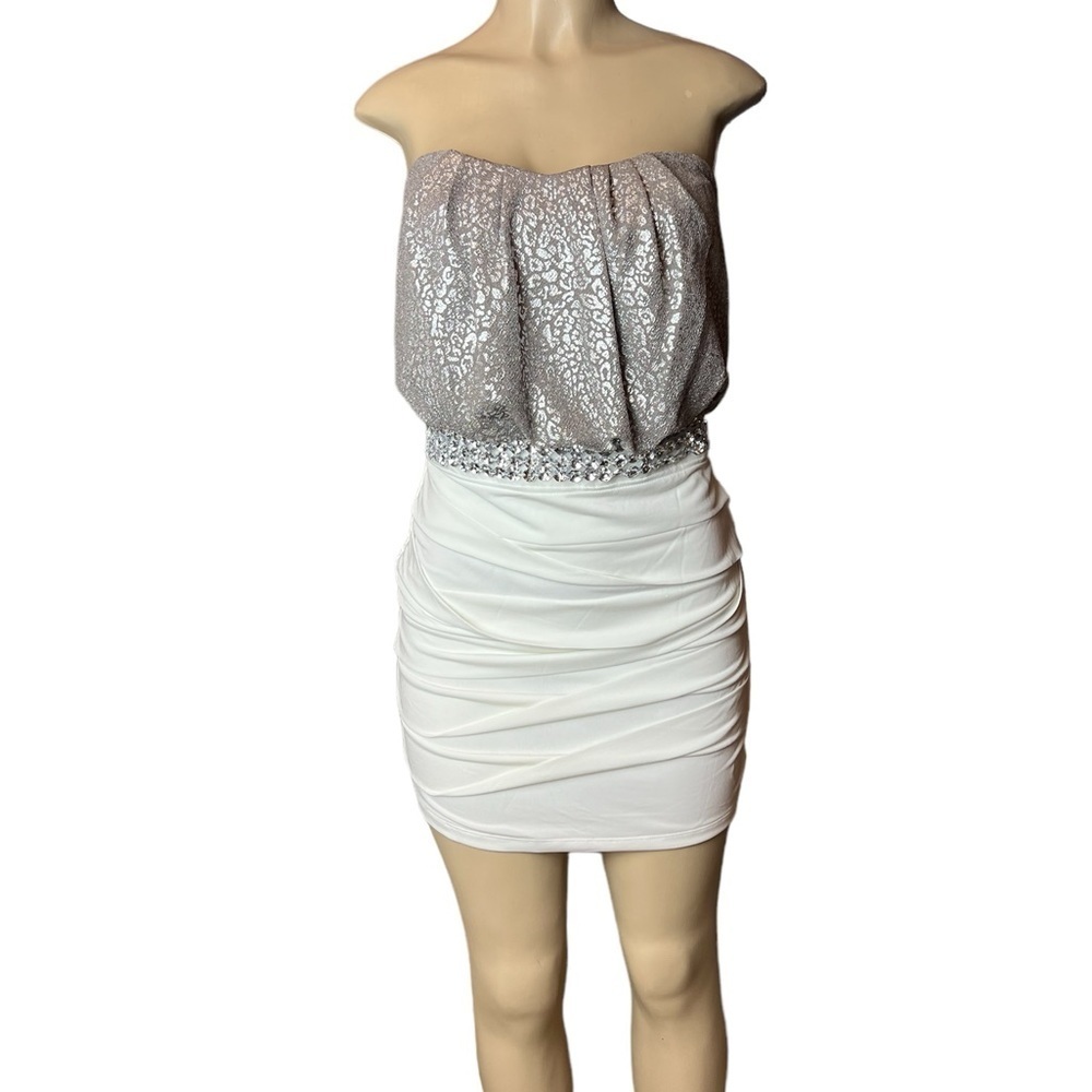Jodi Kristopher Strapless Mini Dress in Silver Metallic and Cream Size Large​​​​
